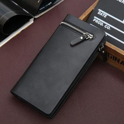Black Leather Wallet for Men with Zipper Closure